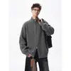 Cardigan de Tricô Cinza Pesado Americano com Gola Alta Masculino Outono Novo Estilo Solto Tendência Preguiçosa Marca Zíper Jaqueta Suéter
