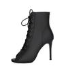 Cuero Genuino Tacones Altos de Jazz Sexy con Cordones Boca de Pez Tacones de Aguja Botines Cortos Zapatos de Baile Latino Suela de Piel Talla Grande