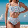 Bikini Nuevo 2026 Transfronterizo Europeo y Americano Comercio Exterior Estampado Floral Pequeño de Cintura Alta Sexy Bikini de Dos Piezas Traje de Baño para Mujeres