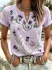 Top estampado de manga corta con cuello en V transfronterizo 2026 nuevo estilo de verano europeo y americano, imitación lino, holgado, casual, disponible para dropshipping