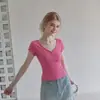 Camiseta rosa ummoi de cuello en V de manga corta, estilo verano, entallada a la cintura, corte ajustado, top corto para mujer