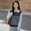 Suéter de Punto de Seda y Lana Nuevo para Primavera y Otoño, Cuello Polo, Manga Larga, Mujer, Bloque de Color, Rayas, Corte Holgado, Falso Dos Piezas