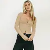 Moda Europea y Americana Transfronteriza para Mujer Color Sólido Tejido de Canalé Manga Larga Cuello Cuadrado Prenda Base Ajustada Hombro Normal Cardigan de Chica Popular