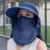 Chapéu de Sol Removível para Mulheres Verão Estilo Coreano Chapéu de Topo Vazio Aba Larga Anti-UV Chapéu de Sol para Ciclismo Chapéu com Máscara Facial