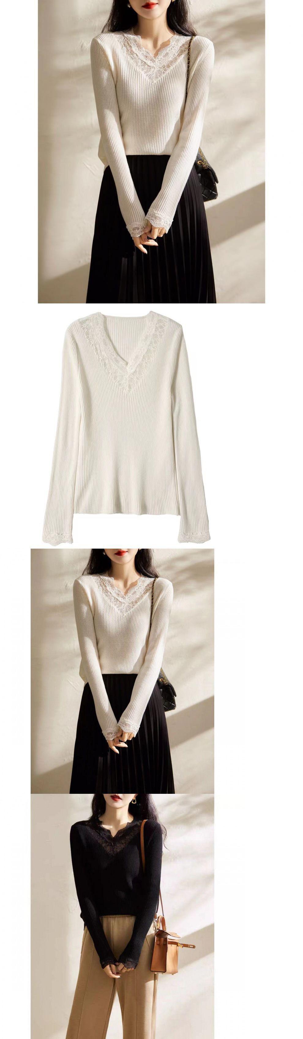 商品详情图_い优雅气质 合身绵羊毛 V领蕾丝 单穿打底针织衫