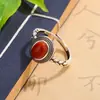 Anillo Vintage Ajustable de Plata Pura Yun S925 Incrustado Peterstone Ágata Roja Turquesa Joyería de Mano Simple Transfronterizo