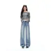 Jeans de pierna ancha de tiro bajo de alta gama en color Naranja Juvenil # Azul Profundo para mujer, corte holgado, adelgazantes, elegantes, versátiles, pantalones de pierna recta