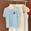 Top de punto de algodón con bordado, estilo universitario, color-blocking estilo americano, manga corta para mujer, camiseta básica de verano con cuello redondo y hombro normal, manga corta