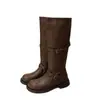 Botas altas de moda con tacón grueso, nuevo modelo de otoño 2026, botas altas de cuero para mujer con hebilla de cinturón de moda y punta redonda, botas de cuero estilo motociclista geniales y elegantes