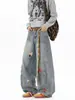 Jeans com Cinto Xadrez Masculino Reto Solto Wide-Leg American High Street Calças Tendência Versátil Design de Bordado em Toalha