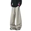 Pantalones Grises de Pierna Ancha con Raya Lateral para Hombres y Mujeres, Cintura Alta con Diseño de Cordón, Estilo Deportivo Casual, Pantalones Rectos Holgados