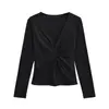 Camiseta Sexy de Cuello en V Cruzada Retorcida de Manga Larga para Mujer, Nueva Moda Elegante Ajustada Camiseta Básica para Otoño