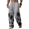 Calça de Linho Masculina Casual Solta para Todas as Estações com Estampa de Palmeiras Havaianas - Cruzamento Europeu e Americano Amazon