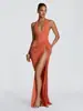 Vestido largo formal con cuello halter y escote en V profundo con atadura al cuello, diseño sin espalda, falso dos piezas, vestido cruzado drapeado de una pieza empalmada