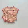 Conjunto de Rayas con Volantes Estilo Coreano para Niños Pequeños y Niños Pequeños, Estampado de Toronja, Cuello Redondo, Conjunto Cómodo y Versátil de Dos Piezas para Salidas