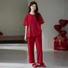 Pijama de Algodão com Lycra para Mulheres, Cartoon Festivo Vermelho para Casal, Manga Curta e Calça Longa, Conjunto Casual Soltinho para Casa que Pode Ser Usado Fora