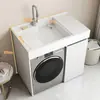 Armario compacto para lavandería de balcón con fregadero integrado, armario para lavadora de carga superior con tabla de lavar, mueble de baño