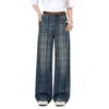 Jeans largo xadrez branco lavado retrô para mulheres, novo outono 2026 cintura alta design solto calças compridas