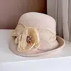 Sombrero de Cena para Dama Sombrero de Fieltro de Lana Australiana Flor de Hilo de Cáñamo Tridimensional Sombrero de Pescador Estilo Hepburn para Mujer Sombrero de Copa de Ala Curva