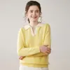 Venta al por mayor del fabricante Suéter de cachemira con bloques de color, solapa, estilo perezoso, para mujer, suéter de punto, camisa base, top pullover adelgazante