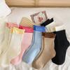 Meias femininas de algodão absorvente de suor de algodão primavera e outono Meias de comprimento médio de boca dupla de ondulação estilo japonês Meias de pilha desossada Morandi