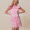 Comércio Transfronteiriço Vestido Jeans Rosa Lavado para Mulheres com Bordas Franzidas, Gola Alta, Sem Mangas, Botões Frontais, Vestido Curto Reto Atacado