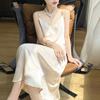 25 Verano Nuevo Estilo Francés Elegante Vestido de Tirantes Vestido Elegante de Mujer con Cuello en V Largo Medio de Satén de Seda sin Mangas Vestido Vórtice