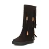Botas de franja com contas de cor elegante, botas casuais com salto, botas de cano alto, Amazon, AliExpress, botas de comércio exterior, tamanhos 4-43, tamanhos grandes