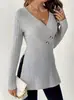 Moda feminina europeia e americana transfronteiriça 2026 Amazon outono e inverno novo top elegante de cor sólida com decote em V e manga longa slim fit