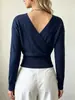 Blusa de tricô outono novo, venda quente europeia e americana transfronteiriça, feminina, decote V cruzado na frente e nas costas, com acinturamento, textura canelada vertical e mangas compridas