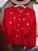 Moda Femenina Nueva Otoño e Invierno Versátil Resistente Botón de Cereza Cuello Redondo Longitud Media Cárdigan de Punto Suéter Abrigo