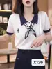 Suéter Polo de Tricô de Verão Elegante e Moderno para Jovens Mulheres, Camiseta de Manga Curta + Lenço com Acabamento de Luxo Direto da Fábrica