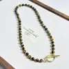Collar de Perlas Ojo de Tigre Maillard con Cierre de Acero Inoxidable Tipo Ot, Cadena para Clavícula de Piedra Ojo de Tigre, Cadena Elegante y Moderna para Suéter