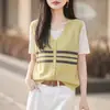 2026 Verano Nuevo Camiseta de Manga Corta Simple con Bloques de Color Rayados, Estilo Patchwork, Falsa de Dos Piezas, Holgada para Mujer 11981