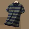 Camiseta de Manga Corta Ajustada con Cuello de Solapa de Nuevo Estilo de Verano para Hombres Jóvenes, Camiseta Polo Rayada de Algodón, Camiseta Casual de Negocios