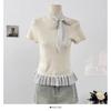 Moda de Verano Estilo Coreano Elegante Diseño con Costuras Sentido Polo Lunares Lazo Hombro Camiseta Prendas de Punto para Mujer Top Casual