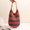 Bolso de Hombro Tipo Cubo de Paja Tejida Colorido Nueva Moda Gran Capacidad Portátil Bolso de Paja Tejida Bolso de Playa para Vacaciones Junto al Mar