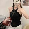 1329 # Encaje de Deseo Puro Empalme Espalda Descubierta Sexy Camisola Halter Corbata de Lazo Ajustado Top Básico