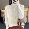 Suéter de mujer de lana peinada fina, cuello alto, crochet hueco, manga larga, nuevo top de encaje con cuentas 2024