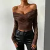 Top Feminino Sexy de Manga Longa com Decote em V Profundo, Estilo Europeu e Americano para Outono e Inverno, Popular Transfronteiriço Plissado Ombro a Ombro Versátil Moda