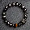 Pulseira Despertar do Leão de Obsidiana Olho Dourado para Homens, Pulseira de Obsidiana Prata Natural e Pedra Olho de Tigre, Presente de Luxo para Namorado