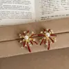 Pendientes Vintage de Lujo Ligero con Circonita, Perla y Fuegos Artificiales Rojos Esmaltados para Mujer, Pendientes Únicos y Elegantes