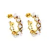 Brincos de Pérola Falsa Estilo Ins Europeu e Americano, Brincos Geométricos Torcidos Elegantes e Luxuosos em Forma de C Dourado, Presilhas de Aço Inoxidável para Mulheres