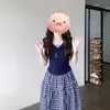 Conjunto de Dos Piezas de Manga Corta Estilo Coreano Tallas Grandes para Mujer, Estilo Universitario de Verano, Falda a Cuadros Elegante y que Favorece la Figura