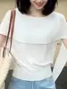 Camiseta de Punto Irregular Blanca Calada sin Hombros de Manga Corta para Mujer, Estilo de Verano de Alta Gama, Top tipo Chal Falso de Dos Piezas