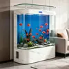 Novo aquário de vidro ultra transparente, tamanho médio a grande, para uso doméstico na sala de estar, montado na parede, aquário em forma de arco, sem necessidade de trocas de água, grande tanque curvo de chão
