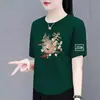 Estoque Excedente de Comércio Exterior Transfronteiriço Estilo Chinês Vintage Roupas de Mãe Camiseta de Manga Curta para Meia-Idade Camisa Base Solta Novo Estilo Chinês