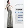 Jeans Wide Leg com Borda de Pelo Estilo Retrô Americano Feminino Outono Cintura Alta Design de Nicho Solto Reta Caída Calças