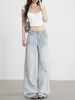 Jeans Versátil Azul Claro de Perna Larga para Mulheres, Novo Estilo Outono/Inverno, Solto e Emagrecedor, Design de Fivela Paris, Calça Reta Comprida