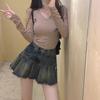 Saia Plissada com Design de Bainha Desfiada e Retalhos Retrô, Saia Jeans de Verão de Cintura Alta com Efeito Emagrecedor, Saia Curta Sexy em Linha A para Mulheres